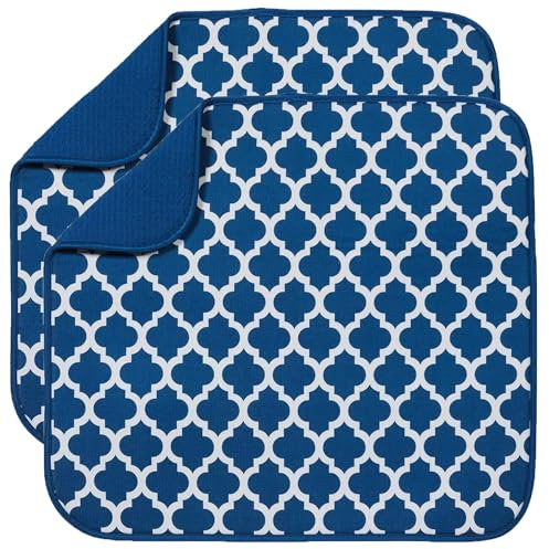 Microfibre Dish Drying Mats for Kitchen Super Absorbent Dish Drainer Mat for Kitchen Countertop Tabletop 40cm x 46 cm 2 Pack Blue Trellis