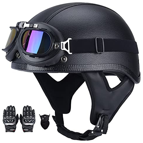 Retro Motorrad Halbhelme Sicherheitshelm für Adults Unisex mit Schutzbrille Erwachsene Halbschale Leder Jet-Helm ECE Zertifizierter für Moped Biker Cruise (57~62CM)