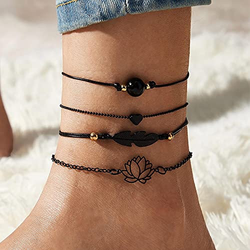 TseenYi Bracelet Cheville Boho En CorNoire En Forme Coeur Lotus Bracelet Cheville En Forme Breloque Plume Chaîne Pied Rétro Chaîne Cheville En CorNoire Bijoux Pied Plage Les Femmes Et Les Filles