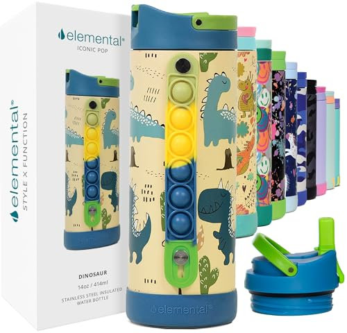 Elemental Iconic Pop Kids Water Bottles with Pop Strap - Triple Wall Leakproof Insulated Stainless Steel Water Bottle - Dishwasher Safe and BPA Free Water Bottle with Straw - Dinosaur - 414 ml