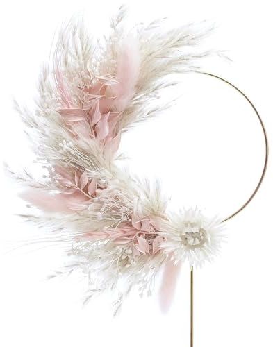 The Baked Studio - Boho Dried Flower Pampas Floral Ring Cake Topper For Cake Decorating For Birthdays Baby Shower Christening & Wedding (Pink & White)