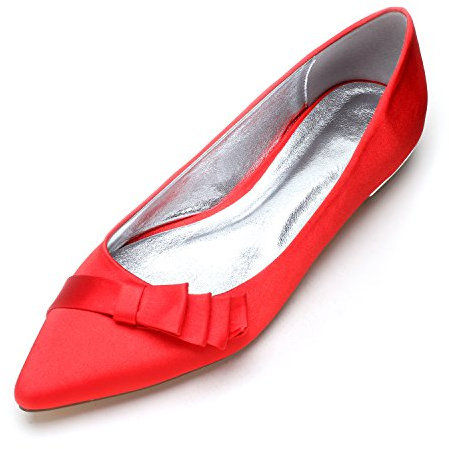 Women's Wedding Shoes Pointed Toe Flat Ballet Bridesmaid Shoes Satin Slip on for Bride Pumps Dress Shoes,Red,8 UK