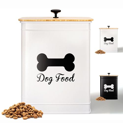 Dog Food Container Airtight 5-7 lb (25 Cup) Capacity - Cute Airtight Dog Food Storage Container with Bamboo Lid & Sturdy Metal Handle - White Metal Kibble Storage Bin for Dogs up to 50 lbs - Pet Jar