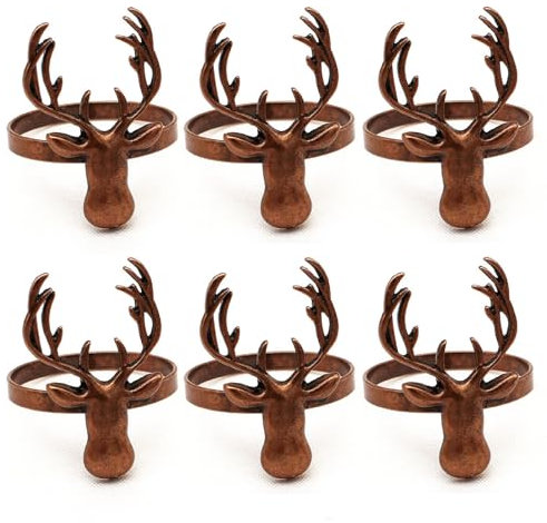 Bafnsiji Serviettenring, Hirschkopf Serviettenringe Set von 6, Weihnachten Serviettenringe Set, Xmas Deer Serviettenringe, antike Kupfer Serviettenhalter, Metall Serviettenschnalle Halter Set