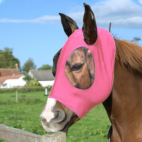 Pferde Fliegenmaske, Fliegenmaske UV-Schutz Ohren und Nasenschutz Fliegenhaube Pferde Fliegenmaske Elastizität Fliegenmaske mit Ohrenschutz Elastische Bremsenmaske Anti-UV, Anti-Mücken (Rosa)