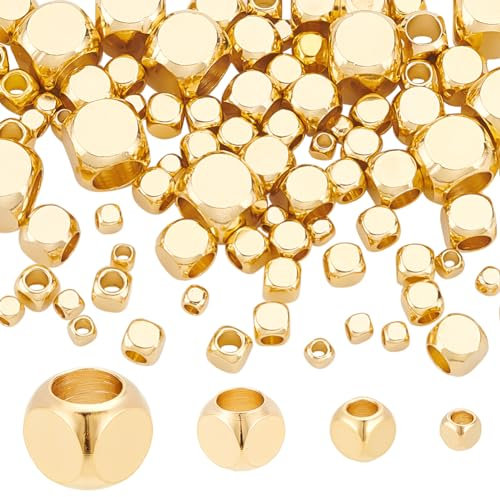 PH PandaHall 120 pezzo di Distanziatori Cubici, Perline Sfuse Senza Angoli In Ottone Placcato Oro 4k di 24 dimensione per Gioielli Fai Da Te, Collane, Bracciali Artigianali, 2-6mm