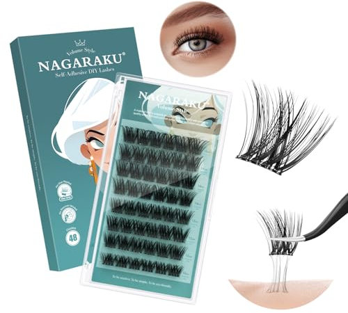 NAGARAKU Pestañas Autoadhesivas 48 Racimos DIY Pestañas Voluminosas Adhesivas Presión Automática Sin Pegamento Ni Removedor Reutilizables Prepegados Volumen Suave Maquillaje Pesado (0,07mm C 10-16mm)