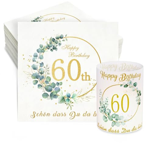 32 Eukalyptus Servietten 60. Geburtstag + 8 Windlicht Tischdeko Schön Dass Du Da Bist Deko Frau Mann Happy Birthday Windlichter