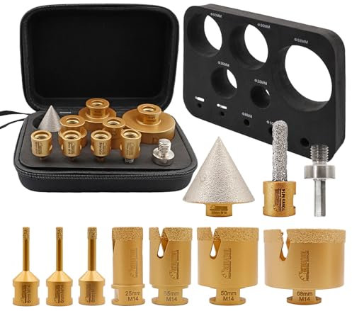 SHDIATOOL Jeu de mèches diamantées 10pcs (6/6/8/25/35/50/68MM+10mm Courbe Fraise à doigts+50mm Mèche à chanfrein+Hex) Kit de sciage de trous Mèches pour carrelage pour Porcelaine Filetage M14
