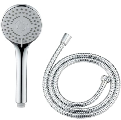 WENKO Mod. Basic Line Duschkopf-Set 2tlg., Regenduschkopf mit 5 Strahlarten, Edelstahl-Ummantelung, 9,5 x 9,5 cm, Silber, Chrom