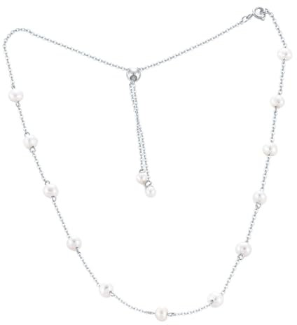Sternvoll® Damen Halskette aus 925 Sterling Silber mit Süßwasserperlen | Perlenkette mit verstellbarem Kettenregler 35+10 cm | 2 in 1 Perlenchoker und -kette (Silber)