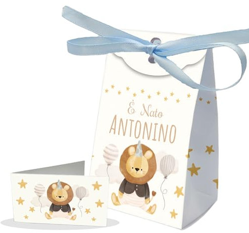 PV Grafik® Set da 16 Scatoline Portaconfetti Battesimo e Nascita Bimbo e Bambina | Bomboniera Personalizzata Porta Confetti | Bomboniere per Confettata Bambino e Bimba | Nastrino incluso (NICA 43)