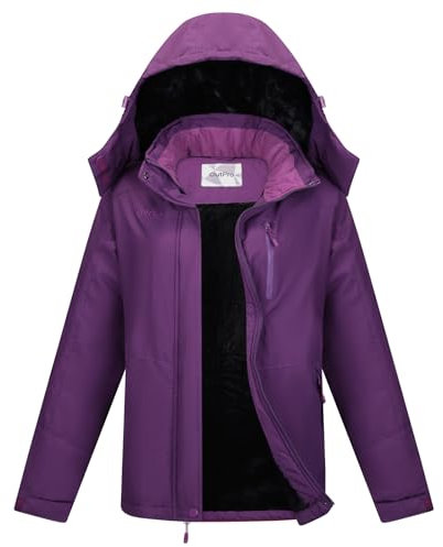 OutPro Skijacke Damen mit Wasserdichte Regenjacke Winddicht Warm Winterjacke Hooded Abnehmbarer, mit Reißverschlusstaschen Snowboardjacke Geeignet für Outdoor-Aktivitäten, Skifahren Violett L