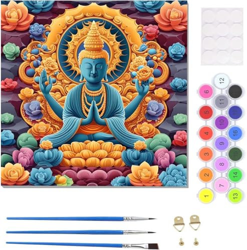 Kit Peinture Numero Enfant Adulte Fleur zen DIY Kit de Peinture à l'huile sur Toile Bricolage 20x20cm, Peinture par Numéro avec Pinceaux Peinture de Dessin de Pigment Acrylique (avec Cadre) U-1003