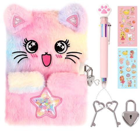 PrinBarBee Cat Diary for Girls with Lock and Keys,Tie-Dye Fuzzy Journal for Kids,Hardcover Fluffy Locking Notebook for Writing and Drawing,4-12 Year Old Girl Birthday (A Star-Cat)