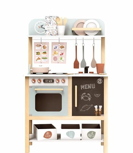 Speedy Monkey Wooden Toy Kitchen | 20 Accessories inc Stovetop, Oven, Sink, Alarm Clock, Plates & Cups | Beautiful Wooden Play Kitchen | Sustainable Wooden Toys | Safe Kids Kitchen | Smooth Edges