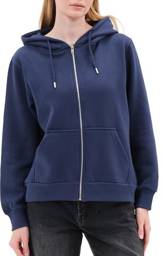 Smith & Solo Felpa con cappuccio da donna, in cotone, a maniche lunghe, con cappuccio, a girocollo, slim fit, per il tempo libero, sport, a maniche lunghe, con cappuccio, Cerniera blu marino, S