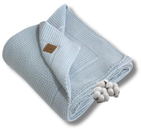 Little Dedi Temperatur regulierende, Atmungsaktive, Strickdecke aus 100% Bio-Baumwolle GOTS Zertifizert - 80x100 cm. Baby Blue, Ideal als Kuscheldecke in eleganter Geschenkbox