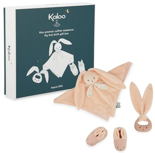 KALOO - Lapinoo - Geburtsset - Pfirsichfarbe - 3 Babyartikel - Schmusetuch + Beißring + Babyschuhe 11 cm - Ab Geburt, K218020