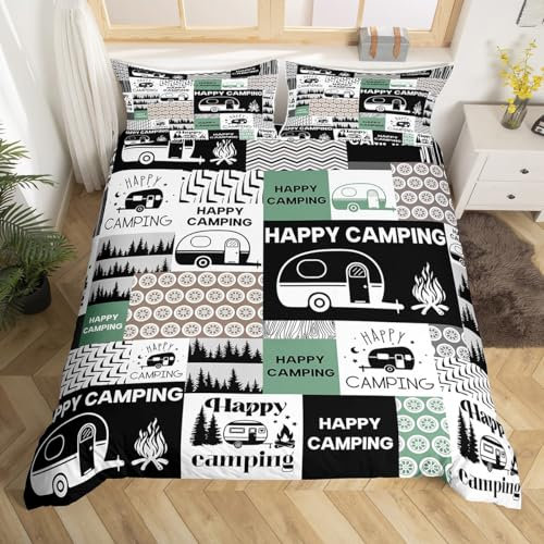 Loussiesd Happy Camping Bettwäsche Set 135x200cm Bauernhaus Camper Tröster Bettwäsche für Kinder Rad Muster Bettbezug Set Geometrische Plaid Schwarz Grün Betten Set Schlafzimmer Dekor