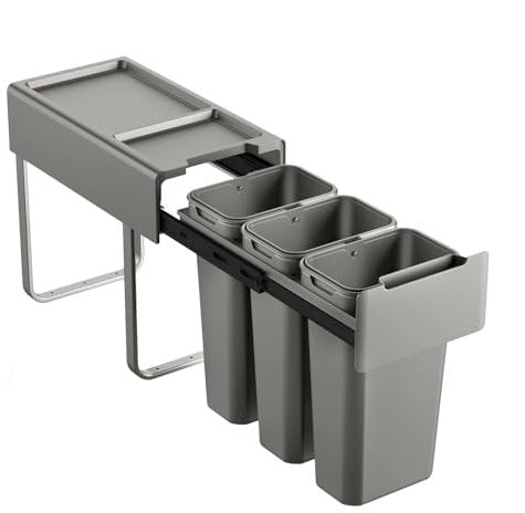 SVITA EM3x10 Einbaumülleimer 30L (3x10L) 3 Fächer mit Deckel Mülltrennsystem 3fach Küche Unterschrank Abfalleimer ausziehbar Grau