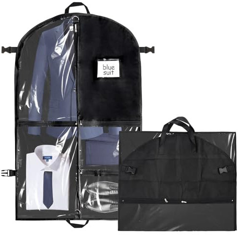 Kleidersack mit Fächern, Anzugtasche, 100×60cm Mehrfach-Taschen Faltbar Kleiderbeutel, Staubdichte Anzug Schutzhülle mit 5 Klare Taschen, Garment Bag für Anzug Mantel Jacke Kleid (Schwarz)