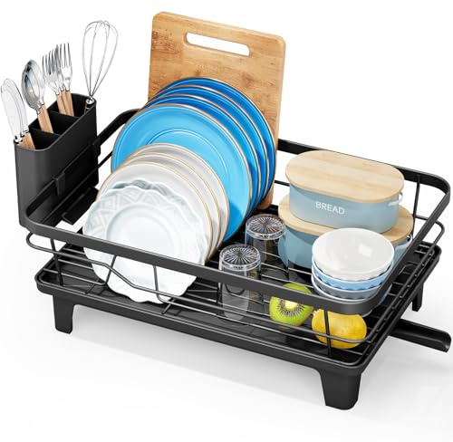 Urackify Dish Drainer Rack, Black | Steel Kitchen Sink Drainer with Drainboard, Efficient Drainage, Utensil Holder