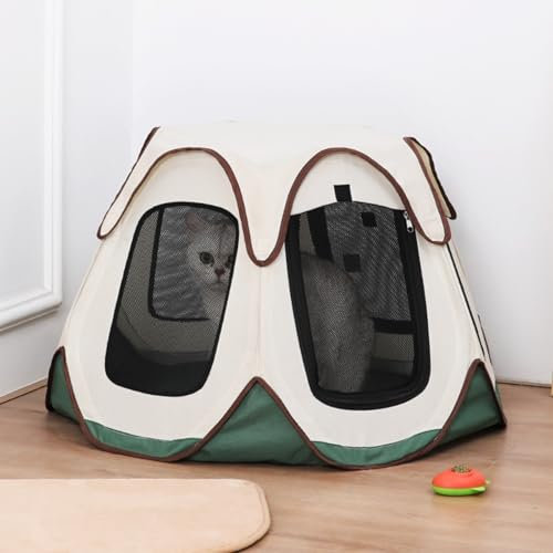 Floving Corralito portátil para mascotas, jaula hexagonal para mascotas, tienda plegable para gatos con ventanas de malla, uso en interiores y exteriores, blanco y verde