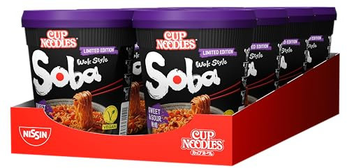 Nissin Cup Noodles Soba – Sweet & Sour, 8er Pack, Wok Style Instant-Nudeln mit süß-saurer Sauce und Gemüse, vegan, schnell im Becher zubereitet, asiatisches Essen (8 x 88 g)