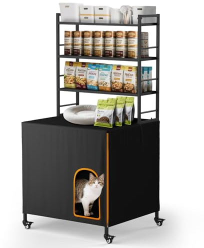 Lekereise katzenklo Schrank mit 4 feststellbaren Rollen, 2-in-1 versteckter katzentoilette Schrank aus Metall mit 3 höhenverstellbaren Ablagen – katzenhaus für Wohnzimmer, Balkon oder Flur (Schwarz)