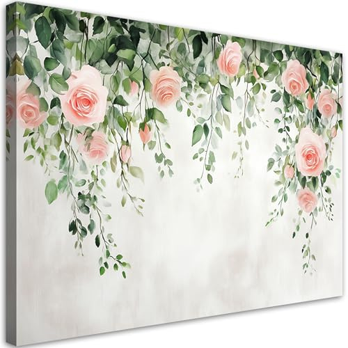 Feeby Bilder - Foto Geschenk - Hängende Rosen Blumen Blätter Beton - 60x40 1tlg - Leinwandbilder Wohnzimmer - Wandbild über dem Bett - Bild Schlafzimmer - Aesthetic Zimmer Deko - Modern Pictures