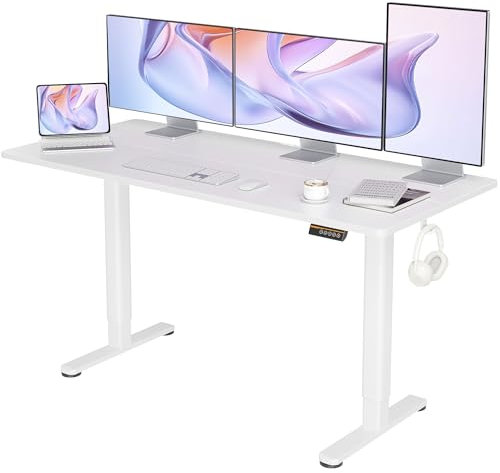 Claiks Höhenverstellbarer Schreibtisch 160x80cm, Schreibtisch Höhenverstellbar Elektrisch, Steh-Sitz Tisch mit 2 Haken und 3 Memory-Funktion, Stehpult Verstellbarer Computertisch, Standing Desk, Weiß