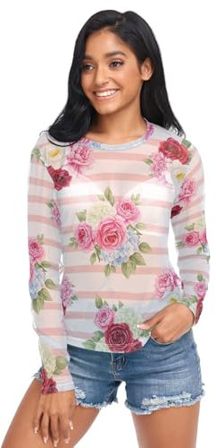 Bouquets Hauts à manches longues en maille rose pour femmes, hauts transparents pour femmes, sexy S-XXL, Bouquets Rose, XX-Large