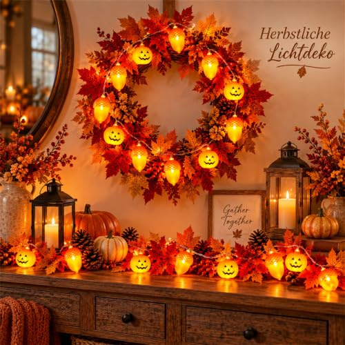 Herbstdeko Lichterkette Batterie,Eicheln Lichterkette Herbst,3M 20 LED Halloween Ahornblatt Kürbis Lichterketten String,Herbst Ahornblatt Girlande Lichtern,für Party Halloween,Erntefest,Erntedankfest
