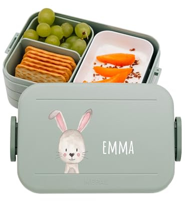 wunderwunsch MEPAL Brotdose Spülmaschinenfest Kinder, Lunchbox mit Einsatz für perfekte Ordnung, Spülmaschine, Mikrowellengeeignet, personalisiert mit niedlichem Motiv (Hase, grün)