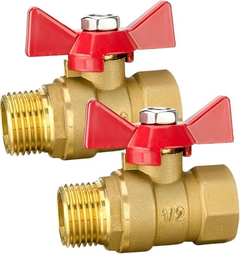 2 Stück Messing Kugelhahn 1/2 Zoll, Kugelhahn mit Rotem Flügelgriff, DN15 Kugelhahn mit Flügelgriff 1/2 IG x 1/2 AG Messing Absperrventil für Wasserleitungen Wasserhahn