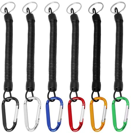 Spiral Keyring, 6 PCS Flexible Bungee Keychain with Carabiner for Keys, Backpack, Phone, Wallet, Fishing Gear