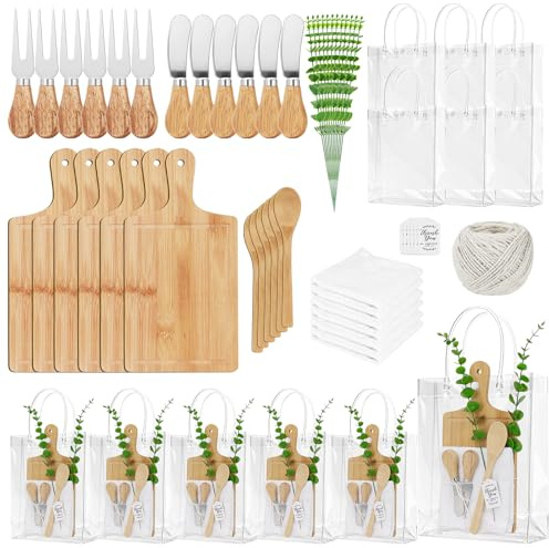 6 Sets Baby Shower Prizes for Game Winners, Wedding Bridal Shower Favors Bamboo Cheese Board PVC Gift Bags Thank You Card Spoon Fork Butter Spreaders Plaid Towel Artificial Eucalyptus Stems