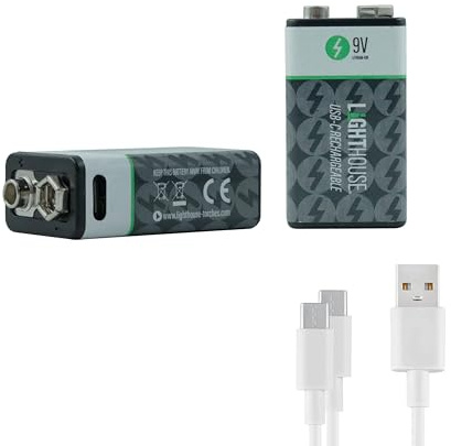 Lighthouse 9V USB-C Rechargeable Batteries Pack of 2 – 400mAh Li-Ion PP3 Battery Twin Pack with Fast 2.5h Charge, Up to 1200 Charge Cycles & Included Dual USB-A to USB-C Charging Cable