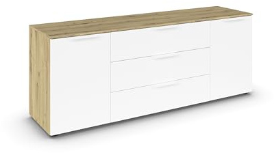 Rauch Möbel Flipp, Kommode, Farbe Weiß/Eiche Artisan, Breite 160 cm | Sideboard, 2-türig, 3 Schubladen, Soft-Close-Funktion, für Schlafzimmer, Gästezimmer, Wohnzimmer, Garderobe, Flur