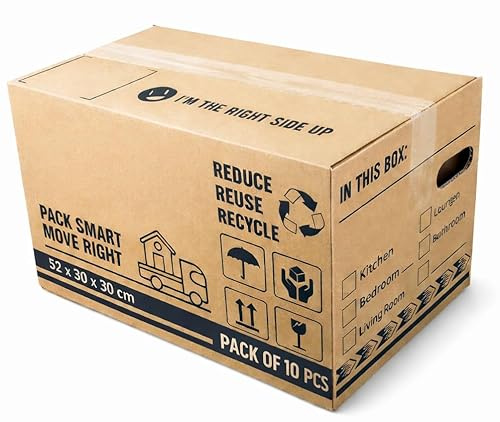 BH | Large Cardboard Moving Boxes | 10-Pack | 52cm x 30cm x 30cm | 47 Litres | Strong Reusable Packing Boxes | House Moving Packing with Carry Handles and Room List Checkboxes - by Best House