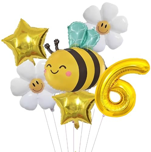Geburtstagsdeko 6 Jahr Mädchen mit Biene Gänseblümchen Folienballon, Deko 6. Geburtstag Mädchen Junge, Gold Luftballon 6. Geburtstag Deko Set mit Zahl 6 Ballon, Geburtstage Mädchen Deko Geschenk Party