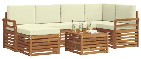 vidaXL Sofagarnituren 7 pcs Natur und Creme Massivholz Akazie, Gartenmöbel, modernes Sofa für draußen, modulare Loungemöbel, langlebige Terrassensitze und Komfort