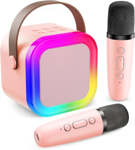 Karaoke Microfono per Bambini,Microfono Bambini con Luce LED,Karaoke bambini con 2 microfoni,Macchina Karaoke Portatile,Regali per bambini da 3 a 18 anni, ragazzi e ragazze (Rosa)