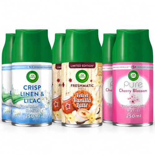 Air Wick Freshmatic Auto Spray Refills, Assorted Scents, 6 x 250ml | Velvet Vanilla Latte, Crisp Linen & Lilac, Cherry Blossom