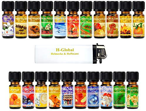 * 21 verschiedene weihnachtliche und winterliche Duftöle Aromaöle Raumduftöle in je 10 ml Fläschchen + 1 Feuerzeug
