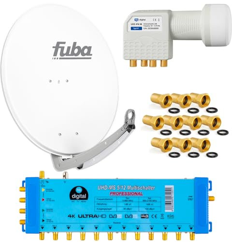 FUBA 12 TEILNEHMER DIGITAL SAT ANLAGE DAA780W + Profi LNB 0,1dB Full HDTV 4K + PMSE Multischalter 5/12 + 35 Vergoldete F-Stecker Gratis dazu