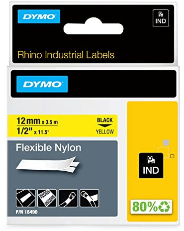 DYMO Rhino Industrie Nylonetiketten | flexibel | 12 mm x 3,5 m | schwarz auf gelbe | selbstklebendes Schriftband | fur DYMO Rhino und LabelManager Beschriftungsgerät