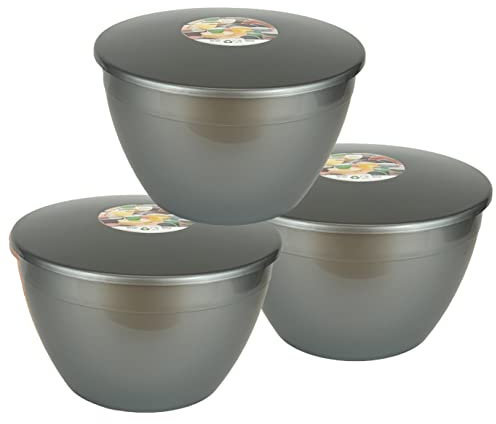 Just Pudding Basins Silver Coloured Plastic Pudding Basins Large Size 3 Pint Food Safe Steaming Bowls with Matching Lid 1.7lt Pack of 3