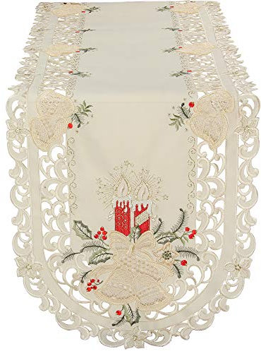 Bezaubernder Weihnachten Tischläufer/Tischband Creme-Weiß mit Rot Kerzen Glocken Stickerei - Größe wählbar (ca. 45 x 130 cm Oval)